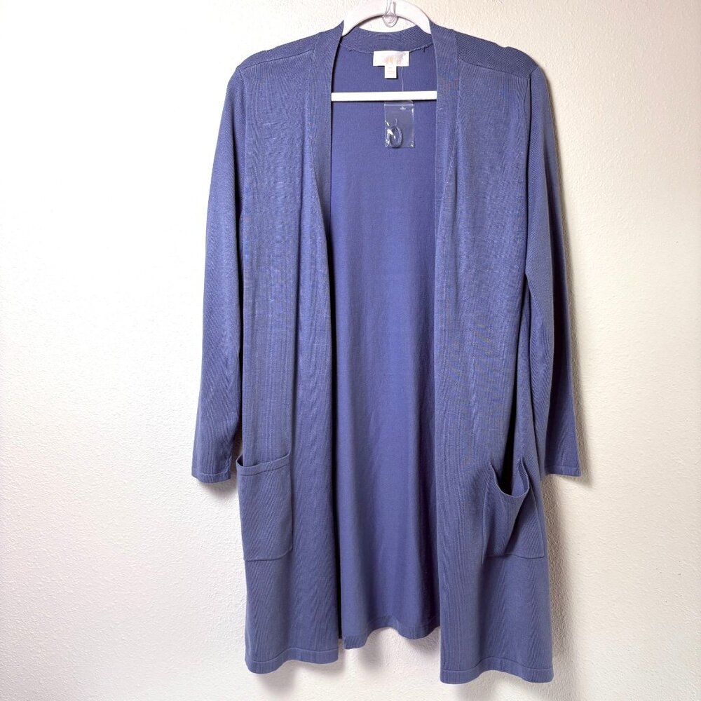 Belle Kim Gravel Cardigan Duster Sweater Petite M MP Blue Pockets Open Long NWOT